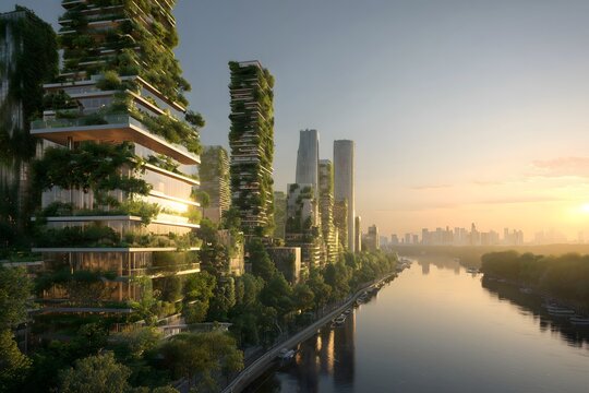 夕暮れの川沿いに広がる緑化高層ビルのサステナブル未来都市