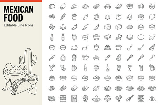 Mexican food set of 100 line icons for restaurant menus