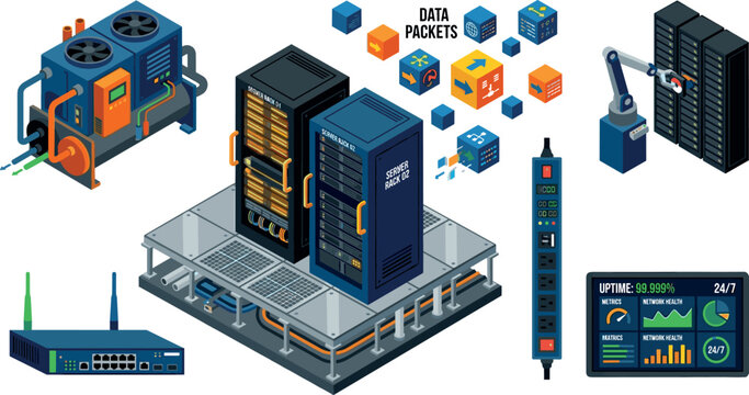 Isometric Data Center Server Rack Vector Set with Cooling Chiller Firewall Appliance Robotic Tape Library Smart PDU and Uptime Monitor