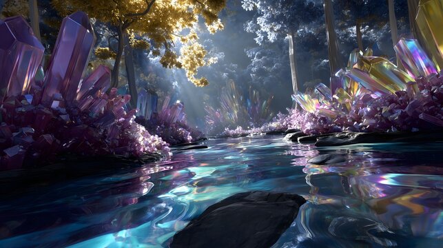 光が差し込むクリスタルの森と輝く川の幻想的なファンタジー風景