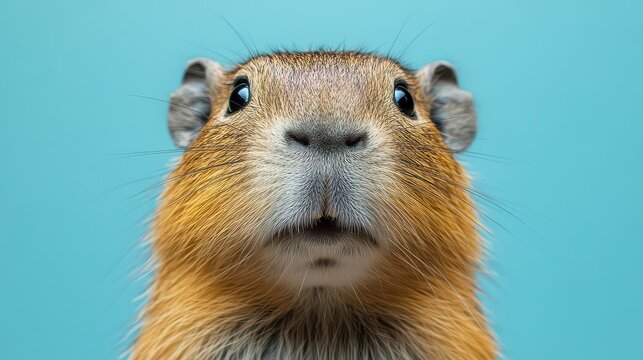 Capybara portrait, blue background, pet animal