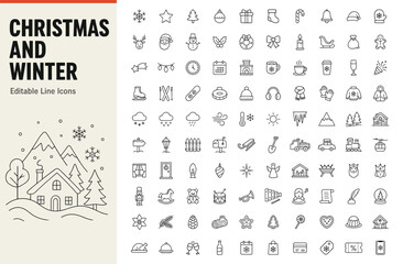 Obraz premium Christmas and winter set of 100 line icons for holiday designs