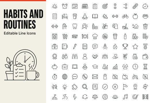 Habits and routines set of 100 line icons for daily schedule