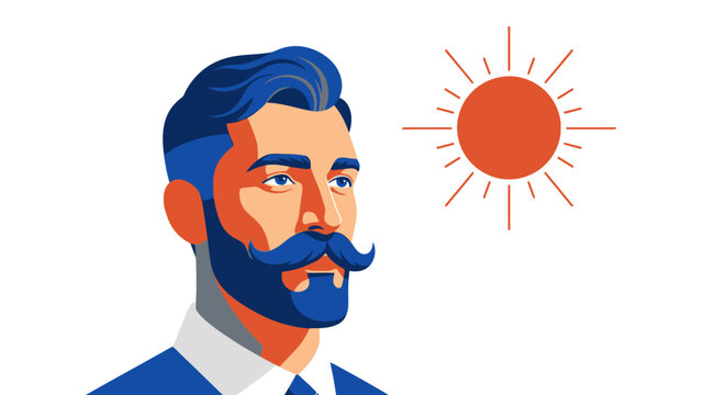 Stylish man with blue hair and beard looking thoughtfully.
