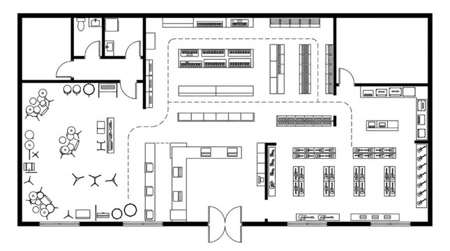 Music store floor plan CAD with guitar display drums keyboards piano and bathroom
