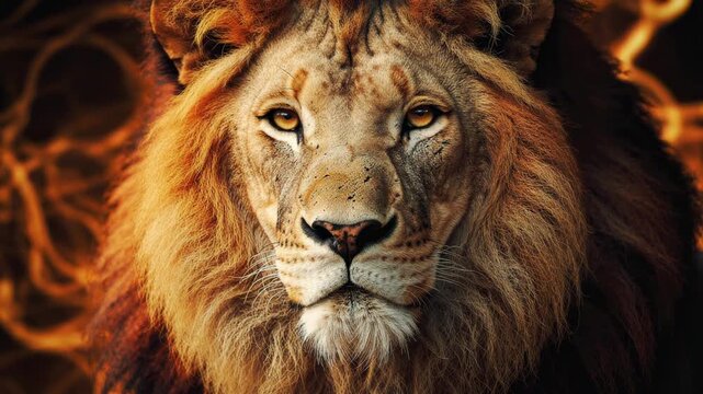 Close up of majestic male lion with golden mane in natural light wildlife portrait