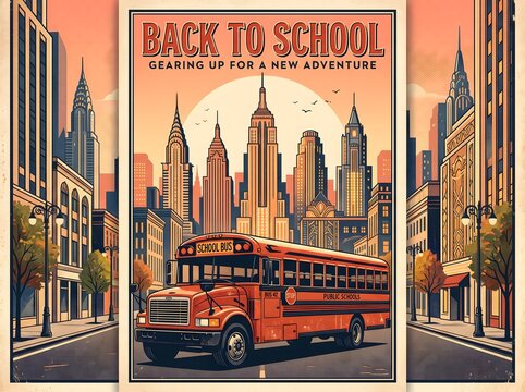 Vintage poster illustration of a red school bus driving past a stylized New York City skyline back to school concept