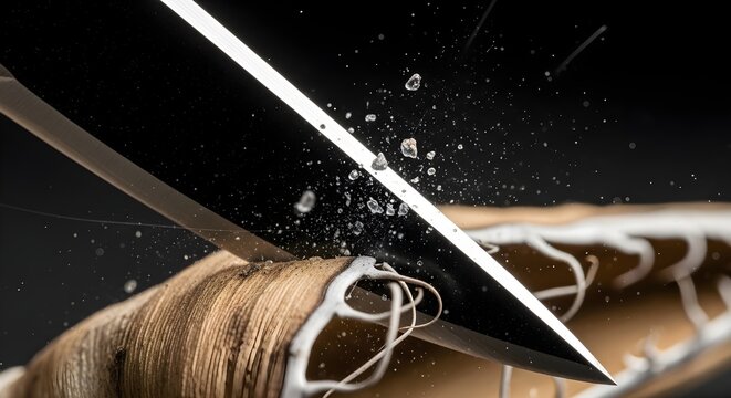 Sharp katana blade slicing through a wooden object with flying debris and sparks against a dark background
