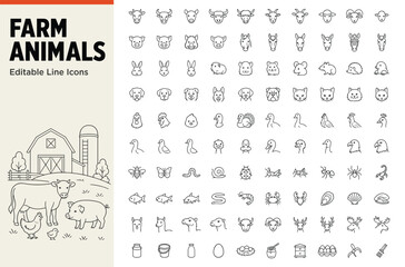 Fototapeta premium Farm animals set of 100 line icons for livestock and agriculture