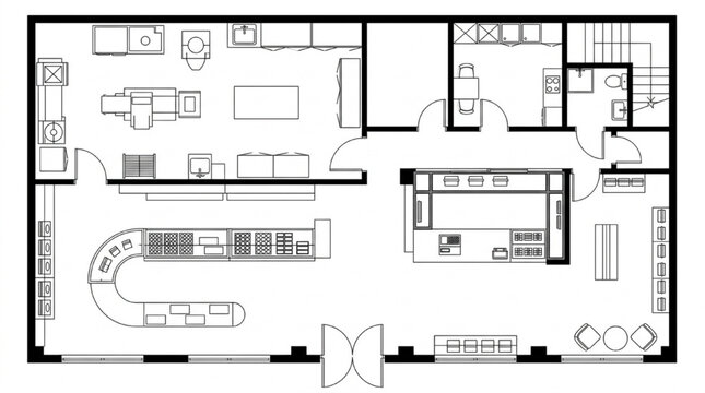 Supermarket grocery store floor plan CAD with curved checkout counters storage and kitchen
