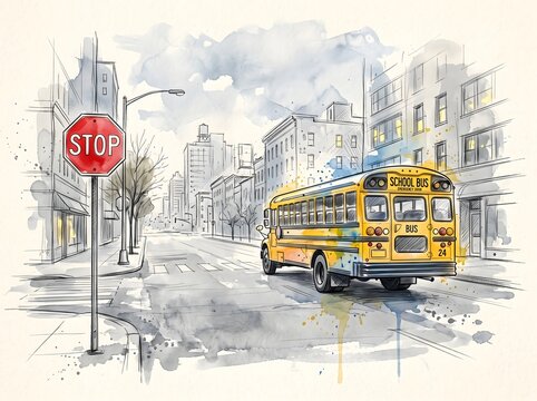Watercolor painting of a yellow school bus on a city street with a stop sign and buildings in the background