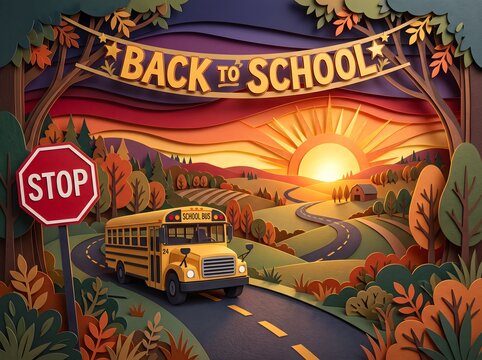Colorful paper cut illustration of a school bus traveling down a road towards a bright sunrise back to school concept