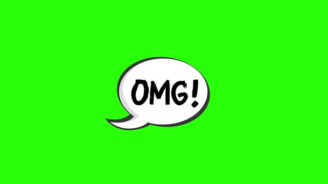Speech bubble with text transitions from zero to omg on green screen.