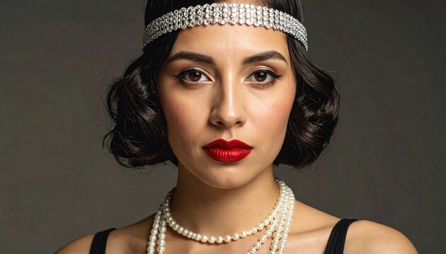 Roaring Twenties Glamour: A captivating woman embodies the elegance of the 1920s, adorned with pearls and a sparkling headband, her bold red lipstick exuding timeless allure.