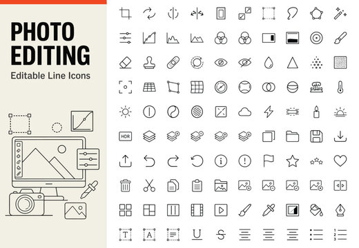 Photo editing set of 100 line icons for image adjustment
