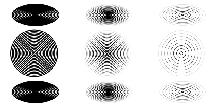 Black concentric circle set. Sonar or sound wave ring halftone collection. Ripple radial signal or vibration elements