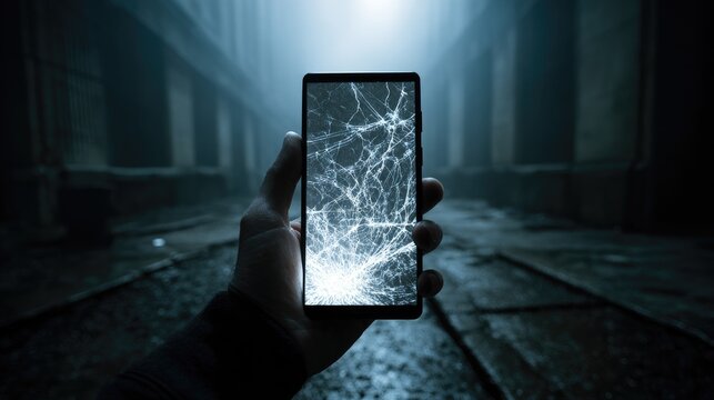 Broken phone screen held in hand, industrial setting