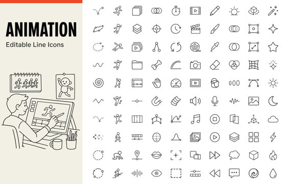 Animation set of 100 line icons for motion graphics and video editing