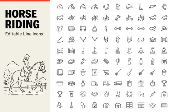 Horse riding set of 100 line icons for equestrian and horse care