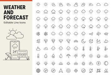 Naklejka premium Weather and forecast set of 100 line icons for meteorology