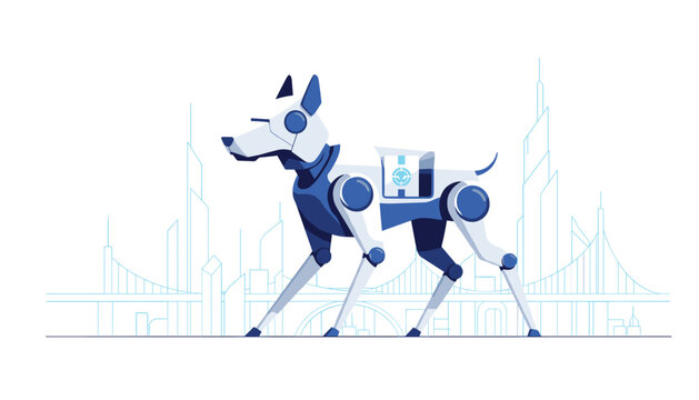 Robotic dog pet walking forward in a futuristic white and blue city outline representing advanced cybernetic technology.