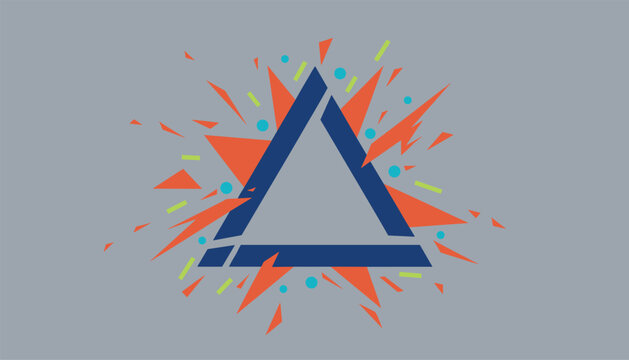 Modern abstract background design featuring a solid blue triangle over energetic orange shards and dots.