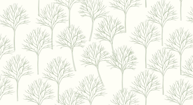 Seamless pattern of minimalist thin-line trees with bare branches spread across a light cream background for a nature-inspired design.