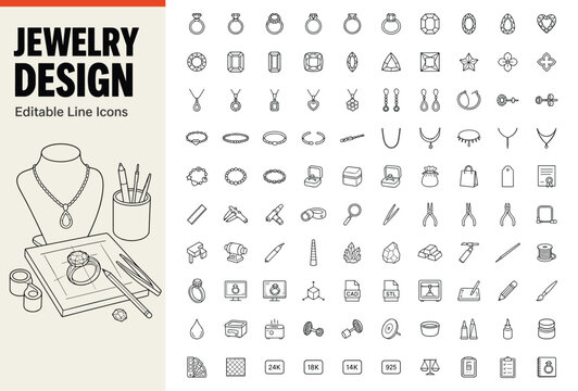 Jewelry design set of 100 line icons for jewelry making and gemology
