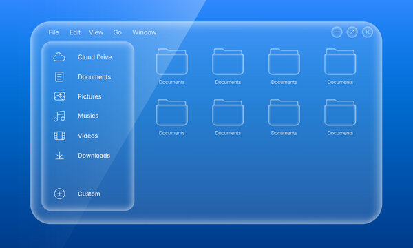 Desktop file explorer operating system user interface with glassmorphism design
