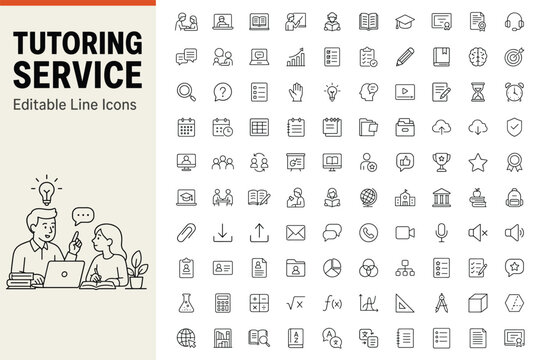 Tutoring service set of 100 line icons for education and learning