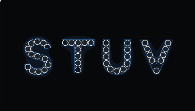 Letters s t u v written in creative neon blue outline filled with small white light circles on a black background.