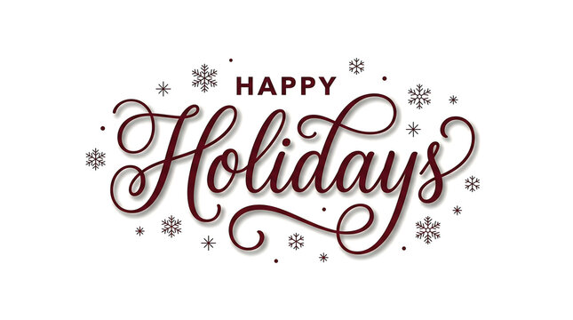 Elegant dark red calligraphy script text displaying happy holidays message with delicate snowflake icons on a clean white background for seasonal greeting card design projects today