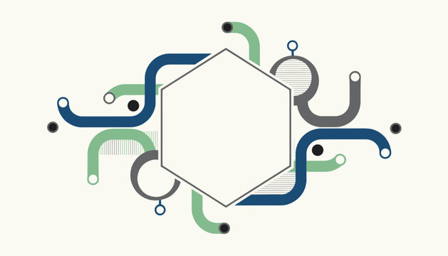 Creative geometric layout presenting a blank white hexagon frame surrounded by colorful curved pipe elements.