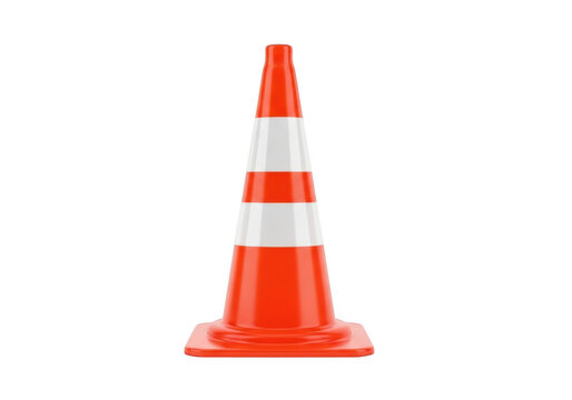 Bright orange traffic cone with white stripes standing upright