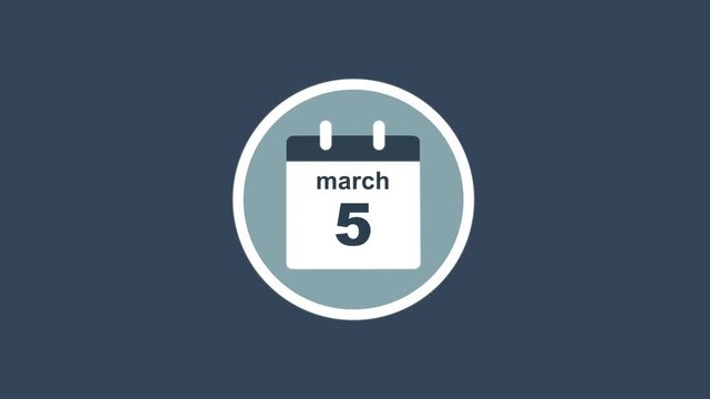 March 5 Date - modern calendar showcase within circle - blue background. Calendar date march 5 icon animation with flat design, schedule reminder, event planning and appointment concept.