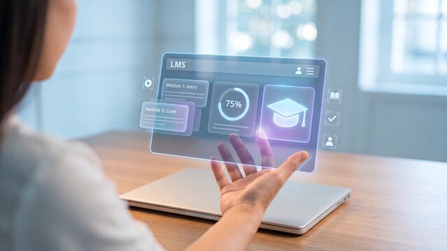 Woman Touching Holographic LMS Learning Interface With Graduation Cap Progress Icons Digital Education Technology Concept