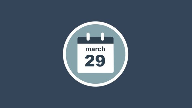 March 29 Date - modern calendar showcase within circle - blue background. Calendar date march 29 icon animation with flat design, schedule reminder, event planning and appointment concept.