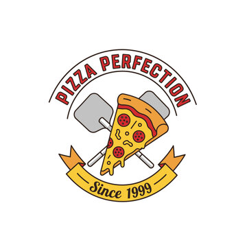 Pizza perfection logo design with slice and spatula since 1999 badge