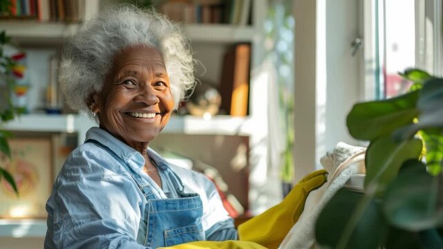 Joyful elderly Black woman with grey hair smiling while caring for green houseplants in a bright cozy home in a happy senior living lifestyle