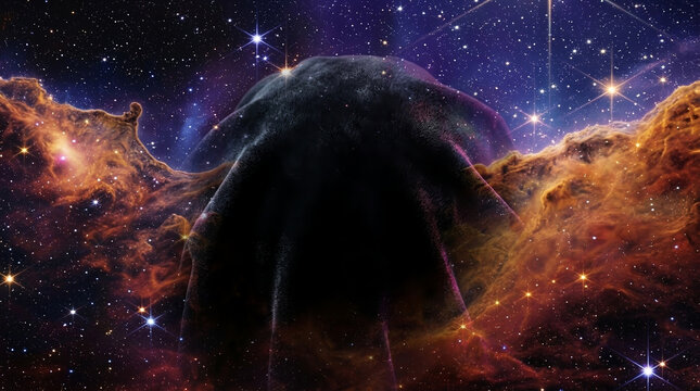 Mysterious dark silhouette emerging from a vibrant deep space nebula and starfield