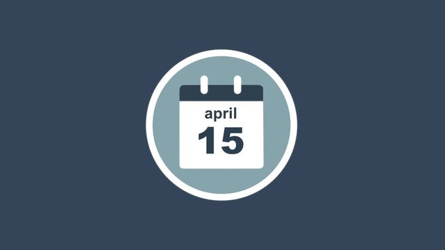 April 15 Date - modern calendar showcase within circle - blue background. Calendar date april 15 icon animation with flat design, schedule reminder, event planning and appointment concept.