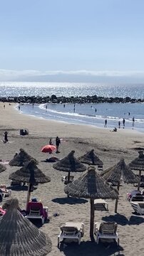 View of Playa del Bobo beach, Costa Adeje, Tenerife,Canary Islands,Spain. Travel or vacation concept,4K.