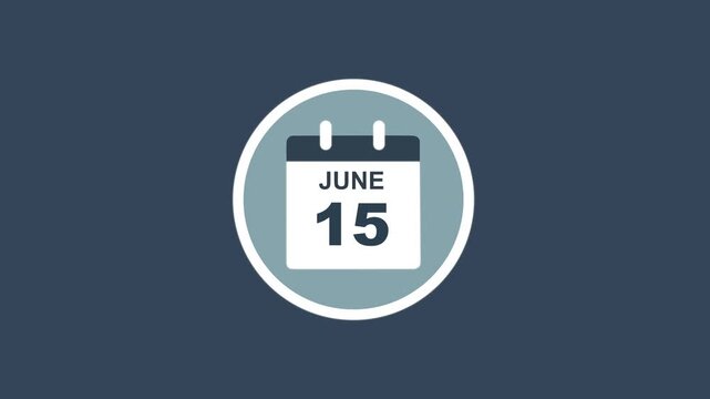 June 15 Date - modern calendar showcase within circle - blue background. Calendar date june 15 icon animation with flat design, schedule reminder, event planning and appointment concept.