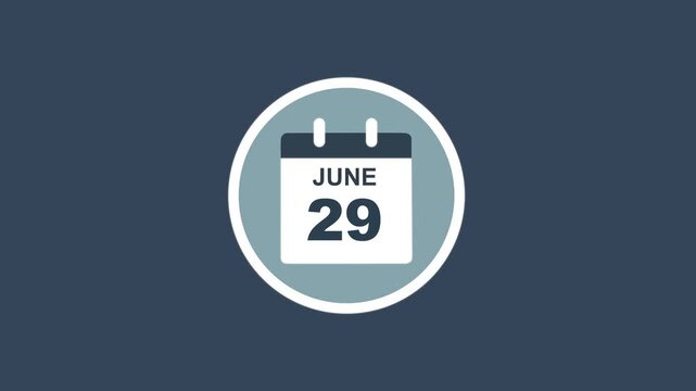 June 29 Date - modern calendar showcase within circle - blue background. Calendar date june 29 icon animation with flat design, schedule reminder, event planning and appointment concept.