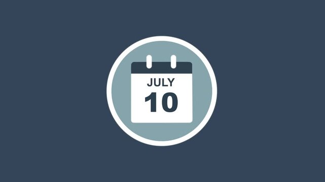 July 10 Date - modern calendar showcase within circle - blue background. Calendar date july 10 icon animation with flat design, schedule reminder, event planning and appointment concept.