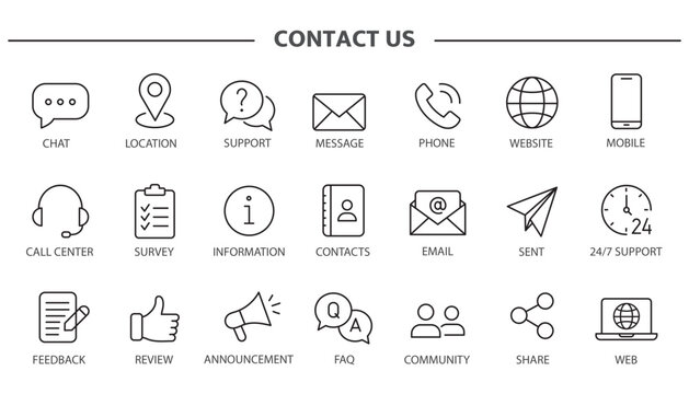 A set of Contact and Customer Support icons with editable outlines.