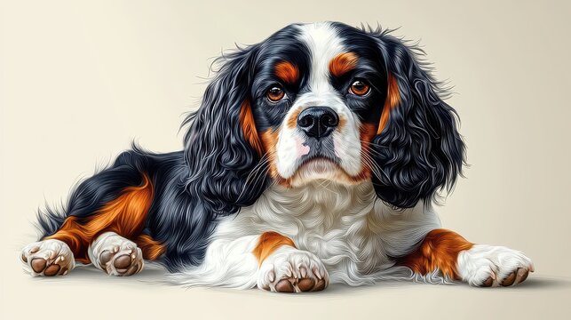 Cavalier King Charles Spaniel resting, beige background, pet portrait