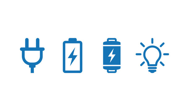 Minimalist blue line art icons of electric plug, battery, light bulb, and energy symbols on white background