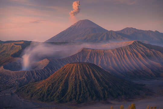Breathtaking Bromo volcanic mountain view in Java right after long-awaited cold dawn, Indonesia