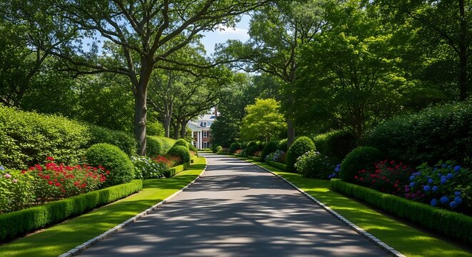 A serene paved road lined with vibrant flowers and lush greenery leads to a distant white building under a clear blue sky